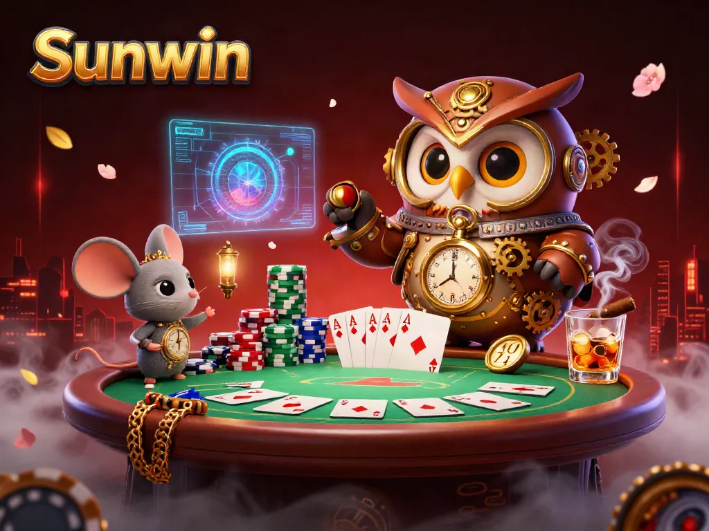 Experience Sunwin's vibrant casino magic with an engaging steampunk owl and dynamic game elements.