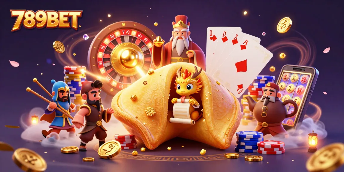 Experience the thrill of 789BET with a dynamic casino scene featuring fortune symbols and golden treasures.