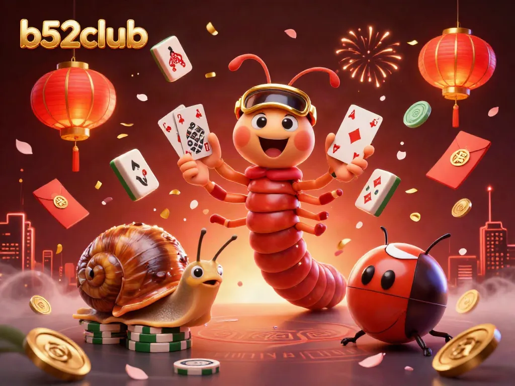 Experience the excitement of b52club with unique characters, vibrant casino elements, and dynamic energy in this illustration.