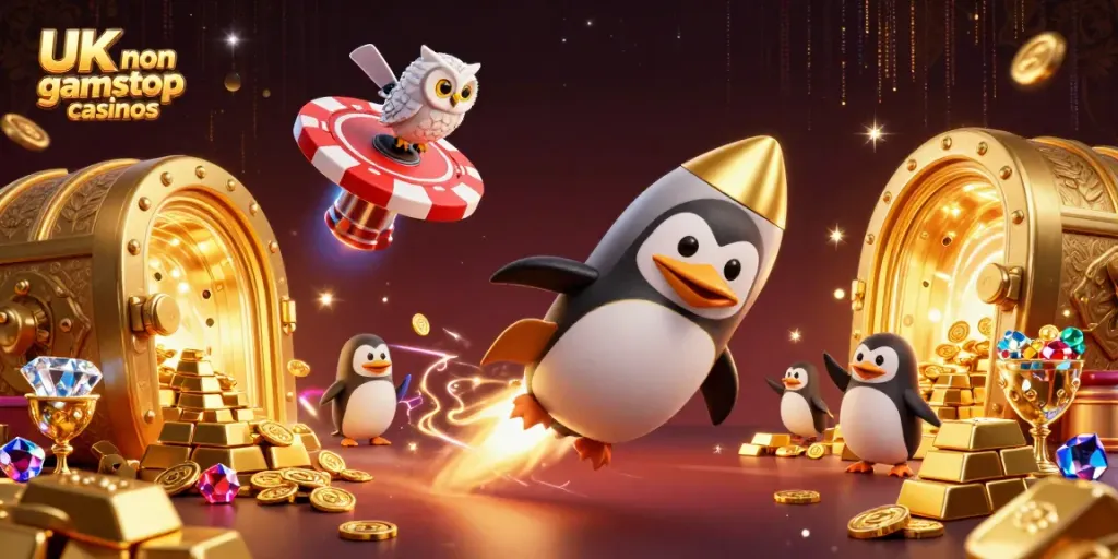 Illustration of UK non gamstop casinos featuring a golden penguin in space with treasure