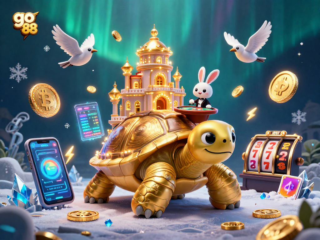 Join the excitement at go 88 casino with a vibrant 3D scene featuring a golden tortoise, rabbit dealer, and floating crypto coins.