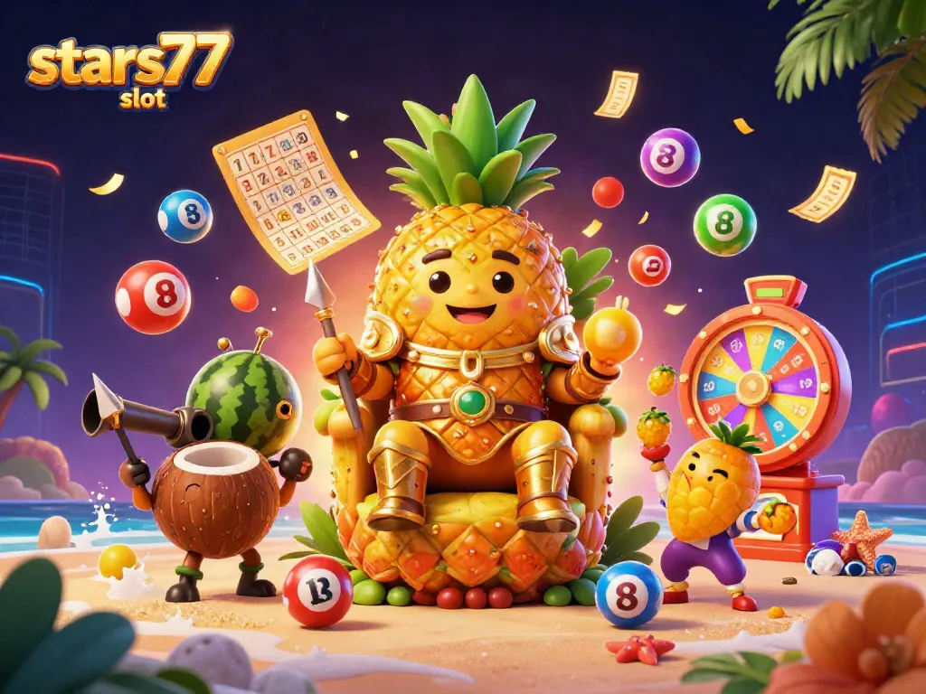 Rasakan pengalaman bermain di stars77 slot dengan suasana kasino tropis yang meriah dan elemen permainan menarik.