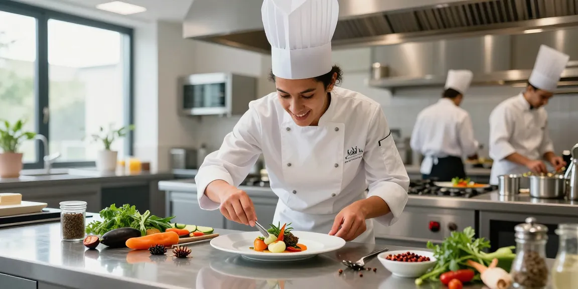 Hospitality internship in France scene with a student chef plating gourmet dishes in a modern kitchen