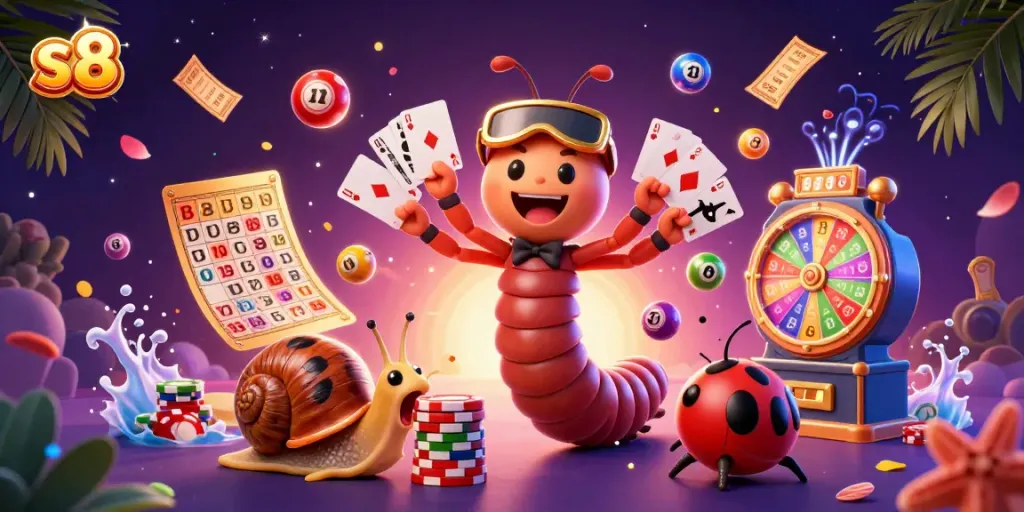S8 highlights a vibrant casino scene featuring a whimsical millipede dealer, colorful lottery elements, and a snail high-roller.