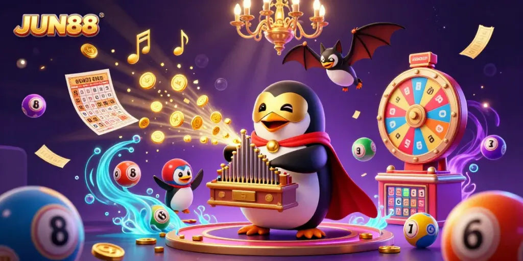 JUN88 penguin playing an organ while golden coins shoot out in a vibrant casino scene.