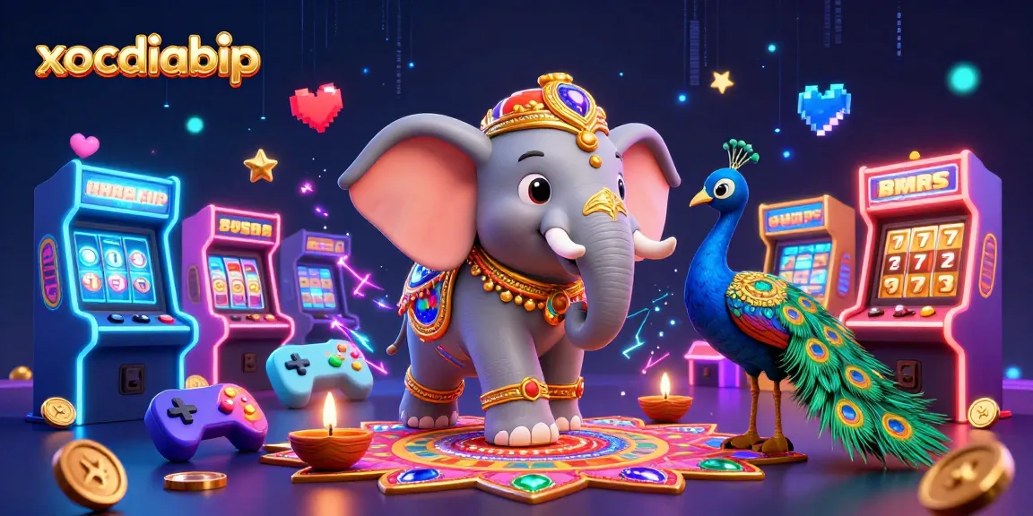 Engage with xocdiabip's vibrant casino experience featuring a Diwali-themed elephant and neon game elements.
