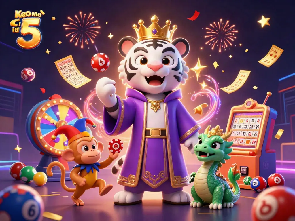 Engage with thrilling gaming action on Keo Nha Cai 5, featuring cartoon characters amidst colorful casino elements.