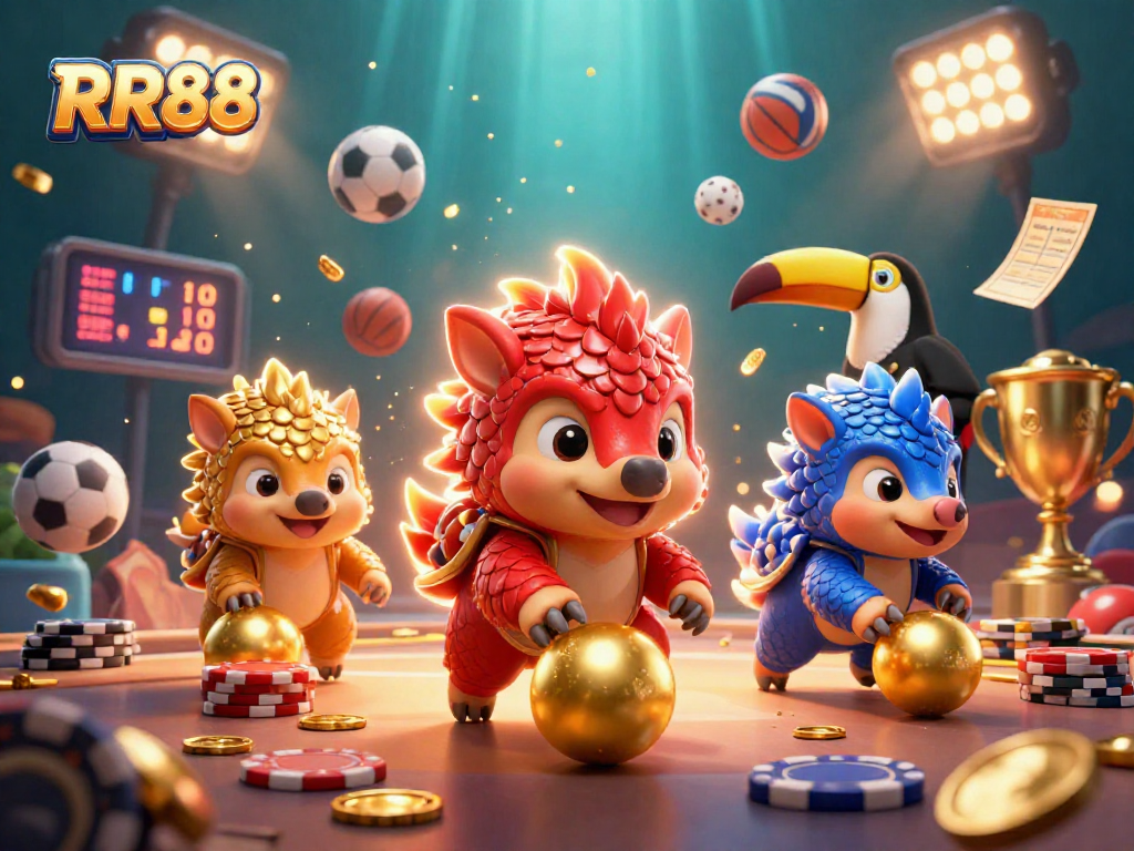 RR88 pangolins challenge each other in a colorful casino scene with poker chips and sports elements.