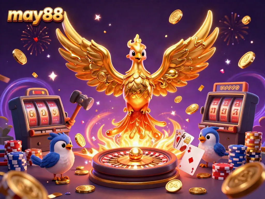 Experience excitement at may88 with golden phoenix and cascading casino elements in stunning 3D.