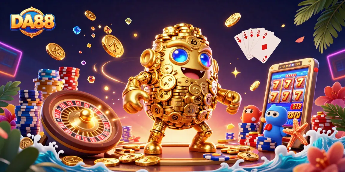 DA88 showcases a golden golem amidst a vibrant casino scene filled with slot machines and poker elements.