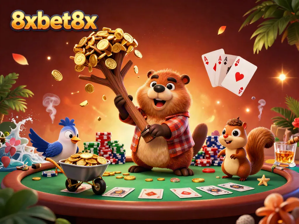 Experience thrilling wins at 8xbet8x with a beaver and friends celebrating golden coin rewards.