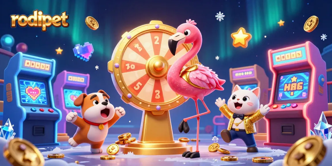 Spin the exciting rodipet prize wheel with a thrilled bulldog and flamingo host amid colorful casino elements.