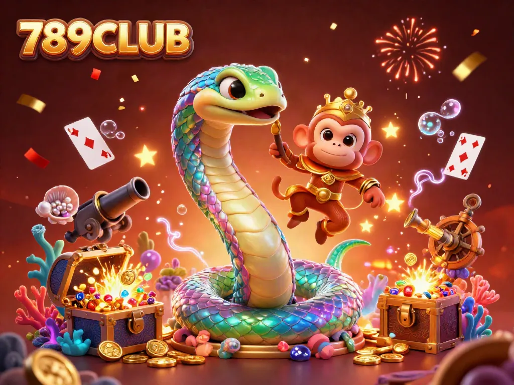 Experience the vibrant world of 789CLUB with an enchanting scene featuring a colorful rainbow serpent and monkey king amidst a treasure-filled underwater backdrop.