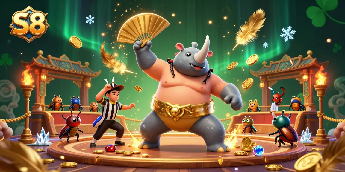 S8 gamers enjoy thrilling casino action with a rhinoceros beetle champion in an arena, surrounded by coins and cheering spectators.