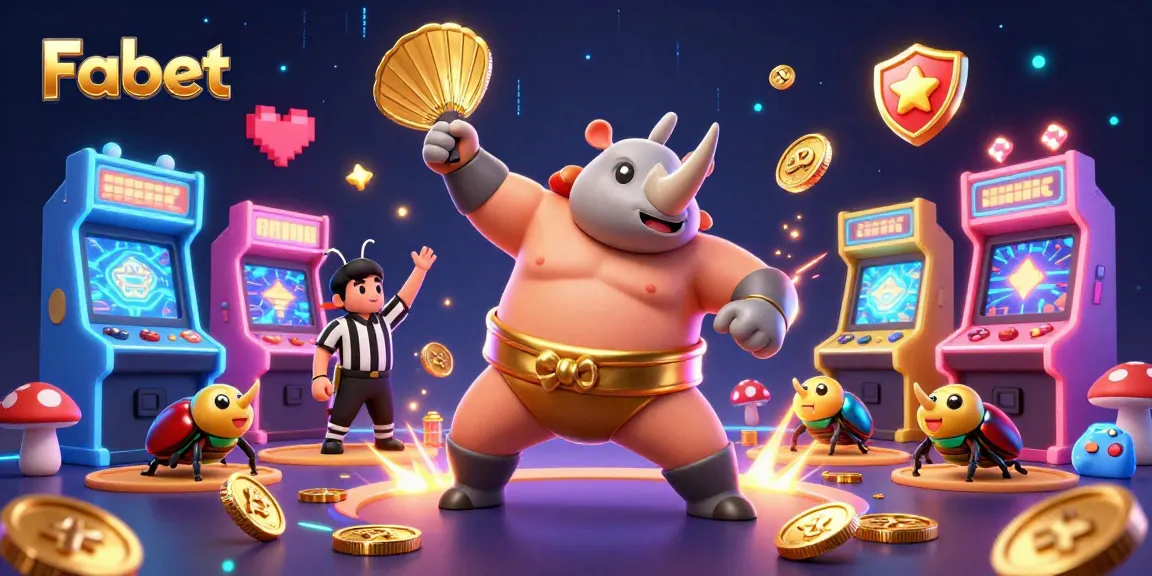 Fabet showcases a vibrant 3D scene with a sumo champion beetle amidst flying coins, arcade machines, and neon lights.