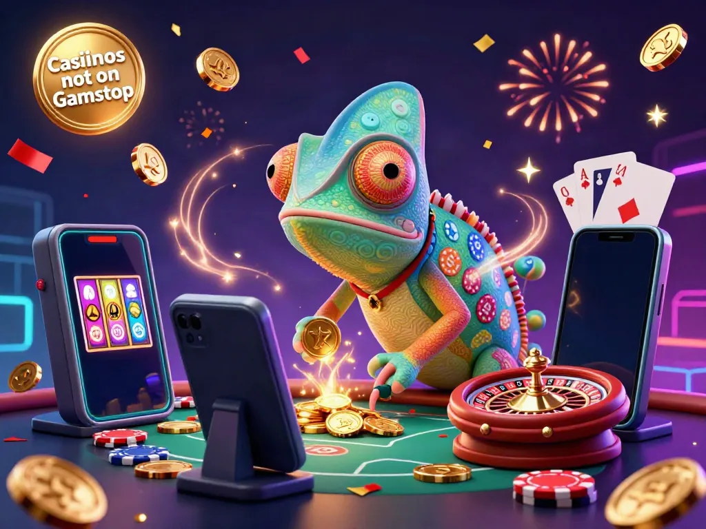 Experience the excitement of Casinos not on Gamstop with a colorful 3D chameleon casino owner amidst festive gaming elements.