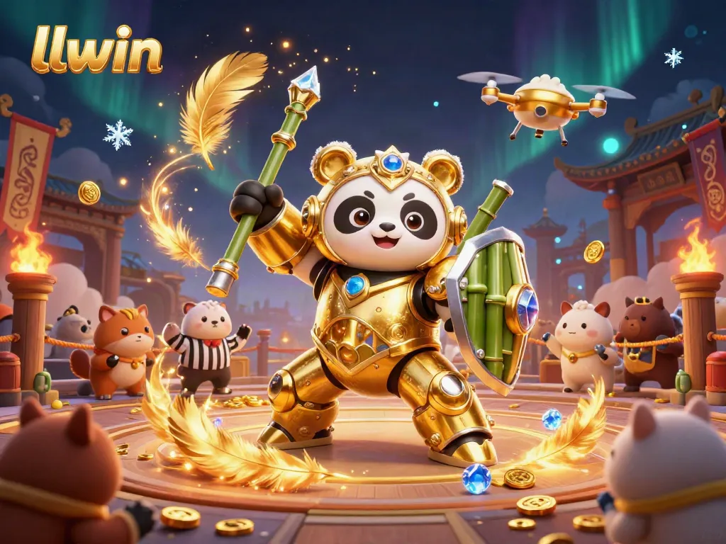 Experience thrilling gaming action with llwin's vibrant 3D battle arena illustration featuring golden panda and dynamic characters.