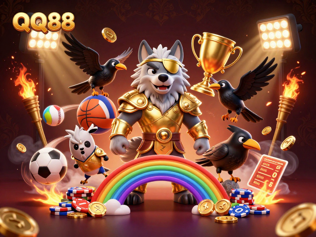 Experience the QQ88 gaming world with Odin and his ravens among dynamic sports elements and casino chips.