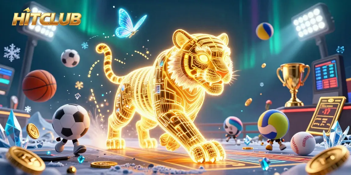 Engage with HITCLUB's dazzling digital casino world featuring a vibrant golden tiger and holographic butterflies.