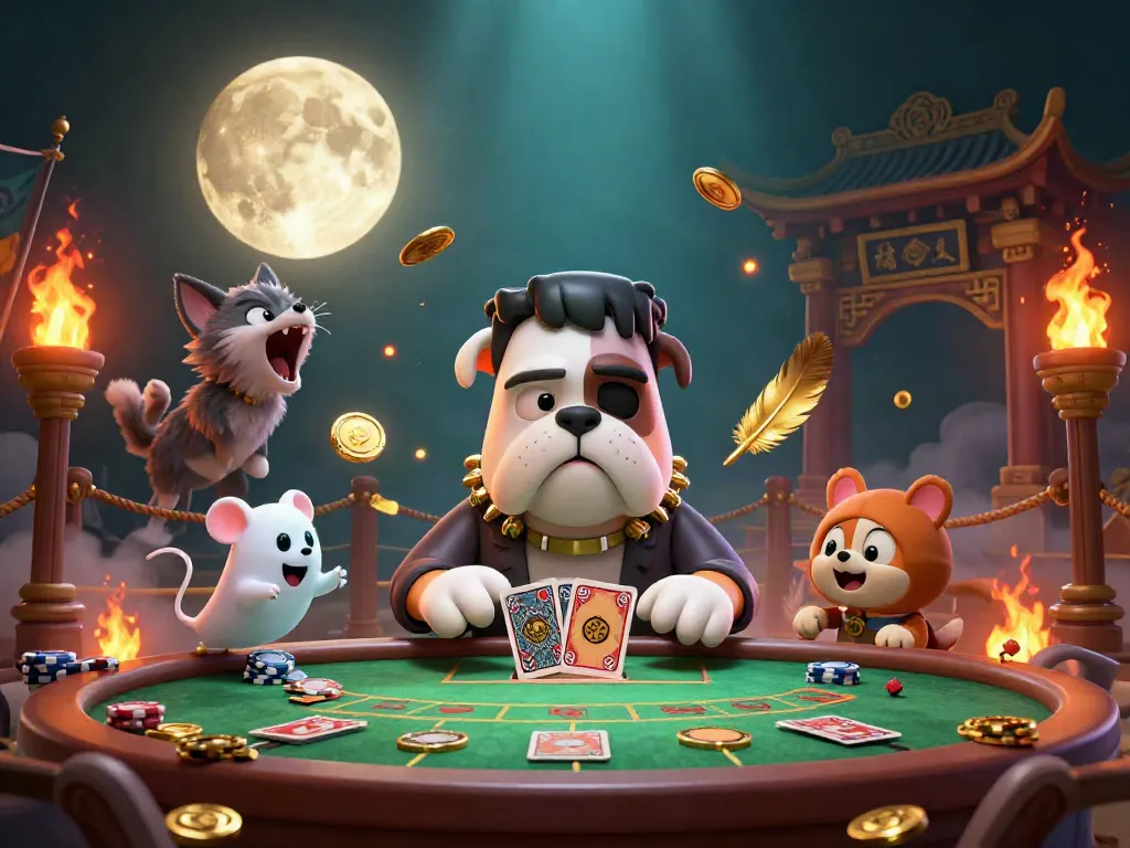 Engage with 789p at a vibrant tabletop where a Frankenstein bulldog deals cards, surrounded by casino elements.