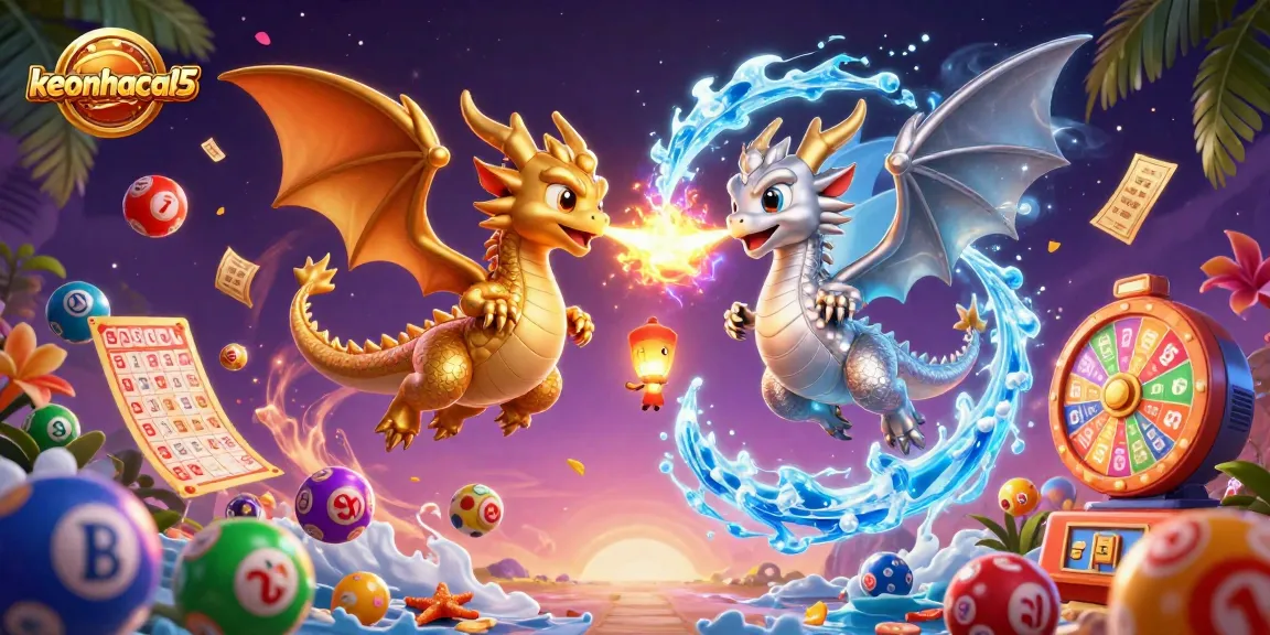 Experience keonhacai5 in a vibrant scene of dragons and lottery elements, perfect for gaming excitement.