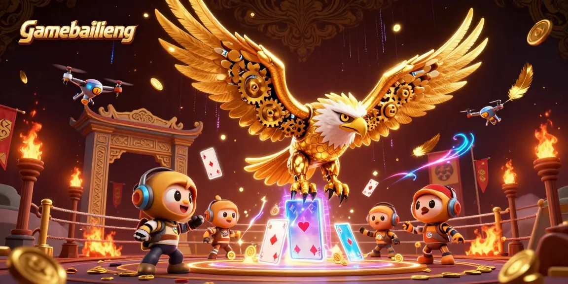 Experience thrilling gameplay with gamebailieng as the golden eagle dives amidst vibrant holographic cards.