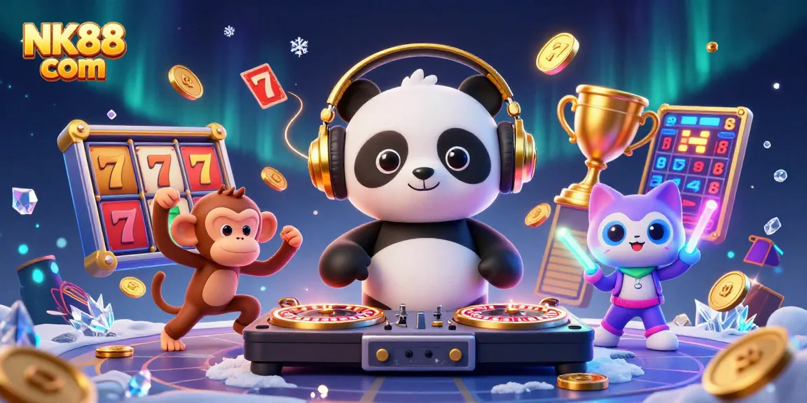 Experience the excitement of NK88 com with colorful 3D characters and dynamic slot elements spinning around.