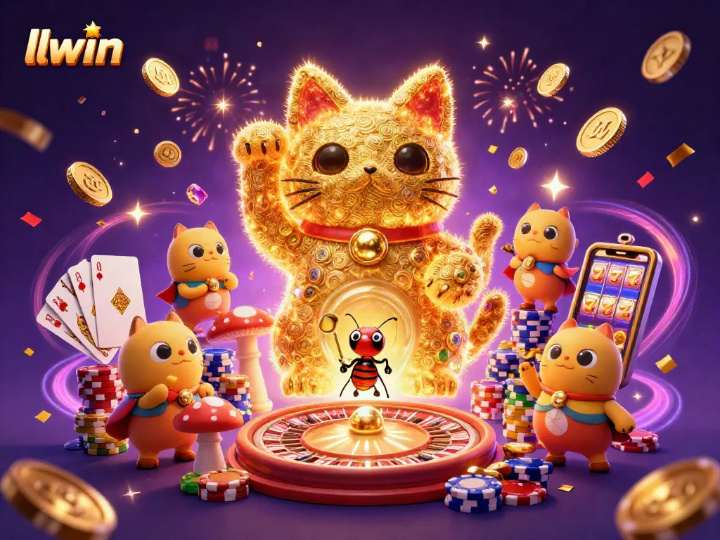 Experience the vibrant world of llwin with a captivating lucky cat illustration surrounded by rich casino elements.