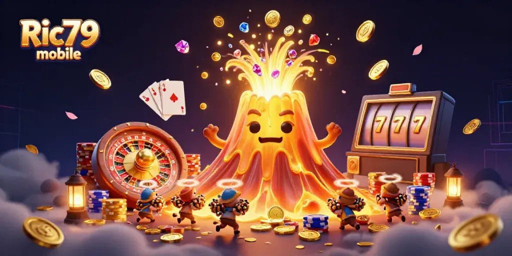 Experience the thrill of Ric79 mobile with dynamic casino action featuring erupting golden volcanoes and treasure