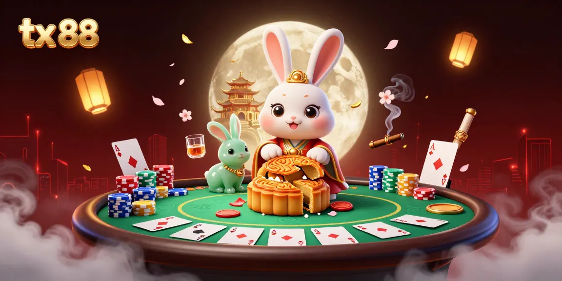 Experience tx 88 with exciting poker chips revealed by a moon rabbit amidst a vibrant casino scene.