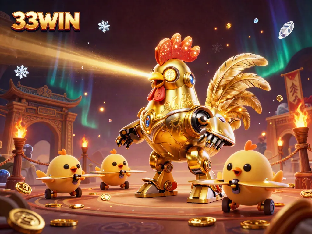 Experience thrilling games at 33WIN with a dynamic scene featuring golden rooster and baby chick drones.