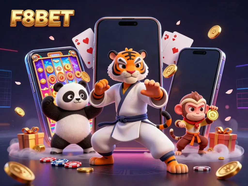 Join the fun at F8BET as a panda mimics a kung fu stance while a playful monkey steals gold.