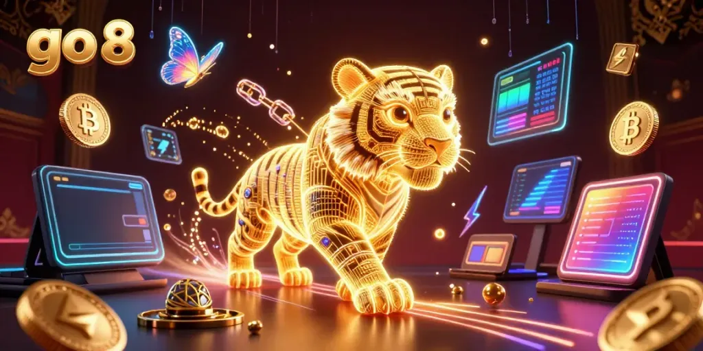 Engage with go 8's electrifying digital casino adventure featuring a neon tiger and cryptocurrency elements.