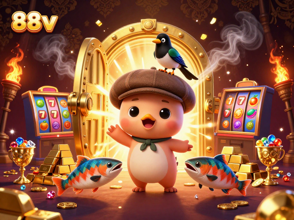 Engage with the exciting world of 88vv as a playful cartoon Nessie and friends celebrate big wins in a vibrant casino scene.