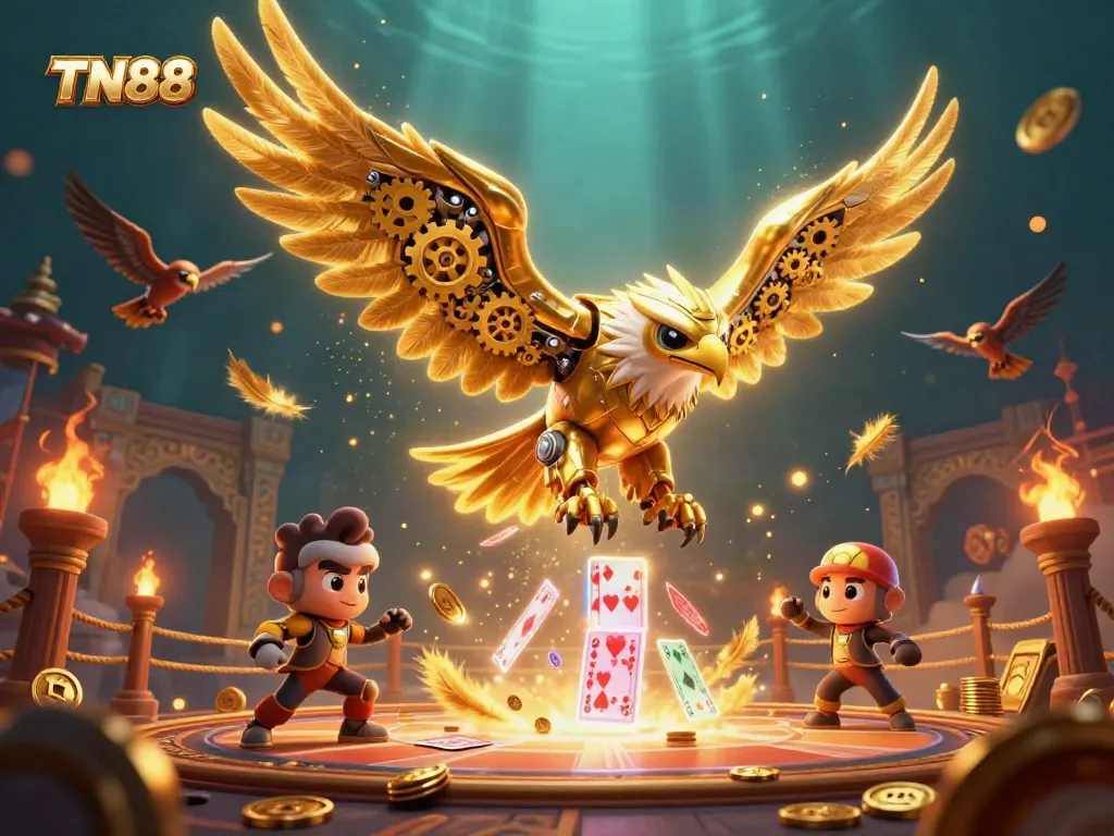 Engage in exhilarating betting with TN88, featuring a 3D cybernetic eagle amidst vibrant casino elements.