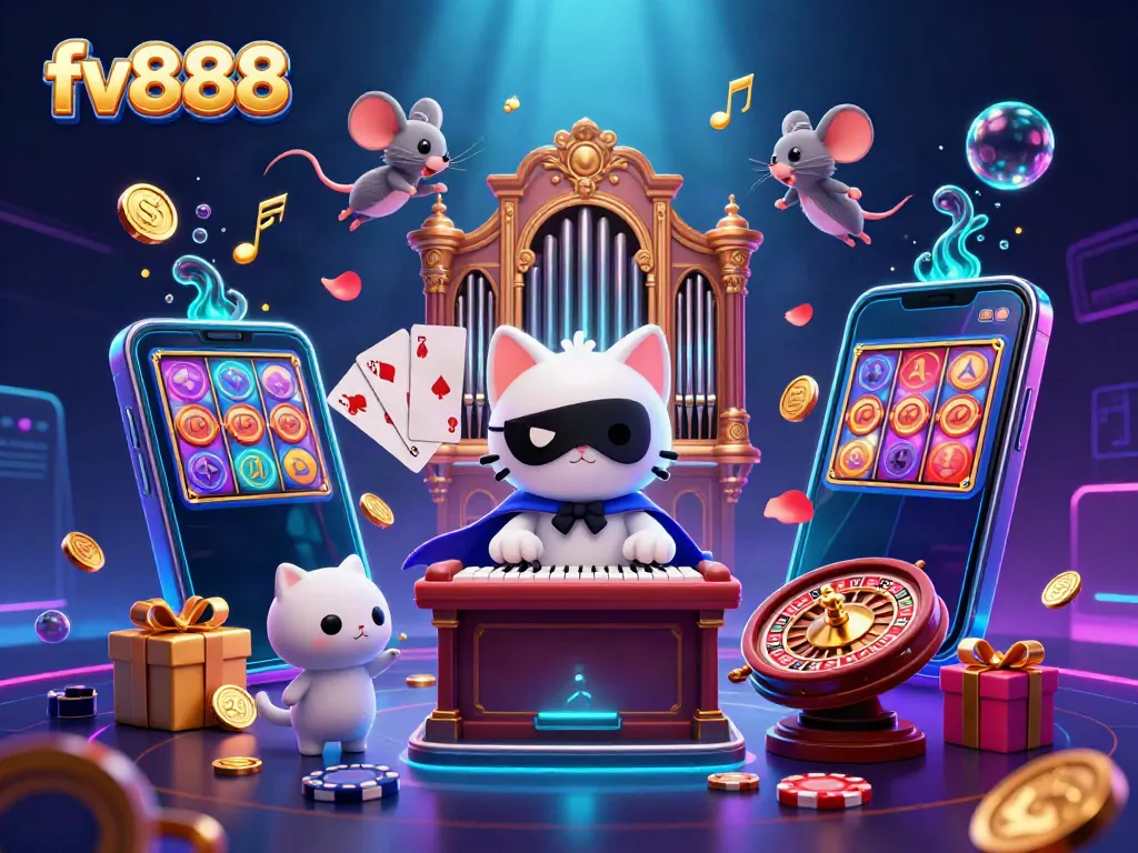 Experience the excitement of fv888 with a whimsical casino scene featuring a masked cat at an organ.