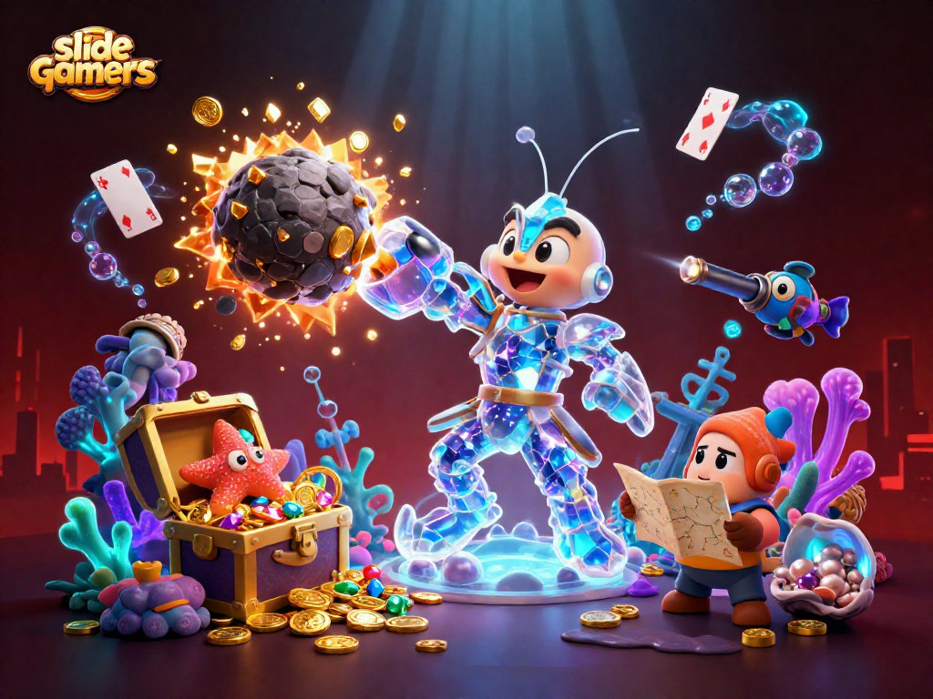 Engage in thrilling gameplay with slidegamers as colorful gems burst from an asteroid in this vibrant 3D scene.