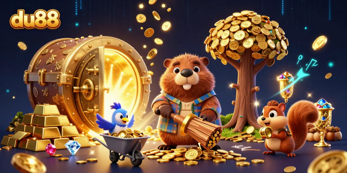 Experience the thrill of du88 in a vibrant, casino-themed 3D scene bursting with coins and treasure.
