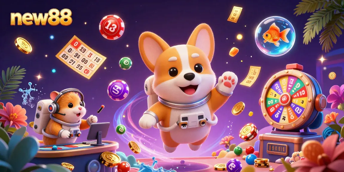 Experience exciting gaming at new88 with our unique casino illustration featuring vibrant characters and elements.