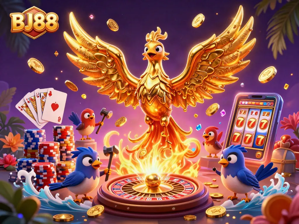 Experience the thrills of BJ88 with an animated casino scene featuring a golden phoenix and vibrant game elements.