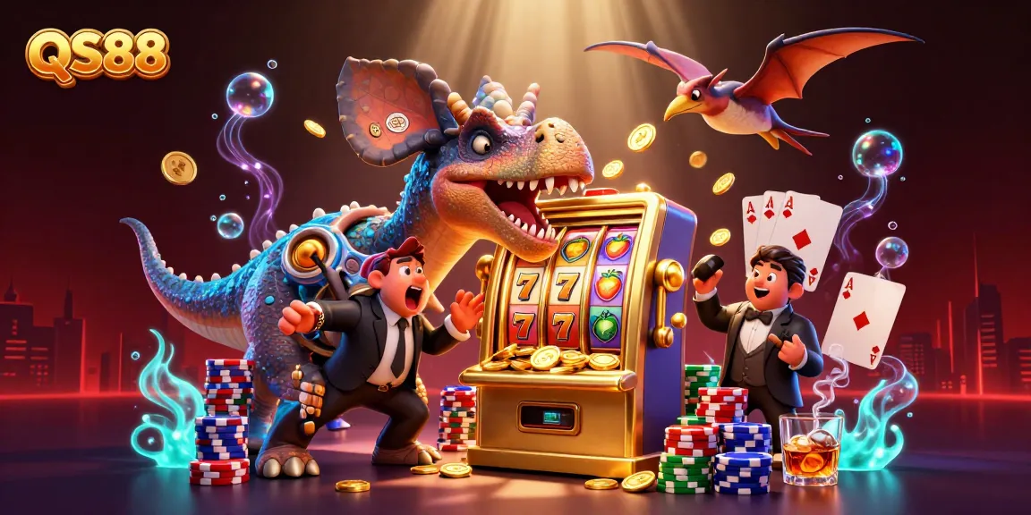 Experience QS88 with a pachycephalosaurus winning a jackpot while a casino manager and pteranodon catch coins.
