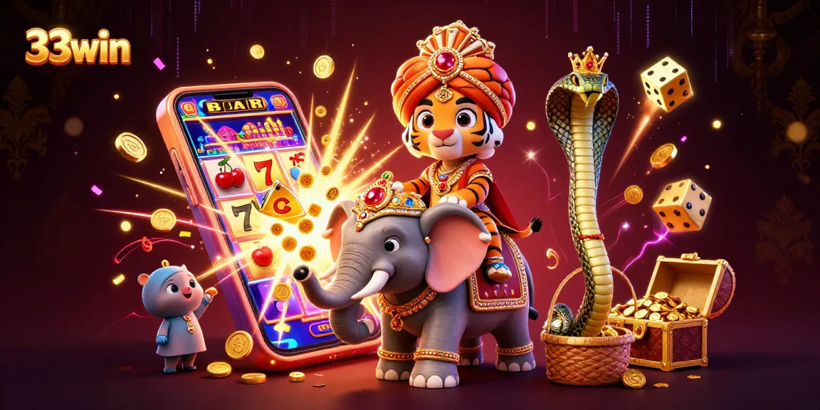 Experience thrilling gameplay with 33win: a vibrant 3D casino scene featuring a tiger and elephant.