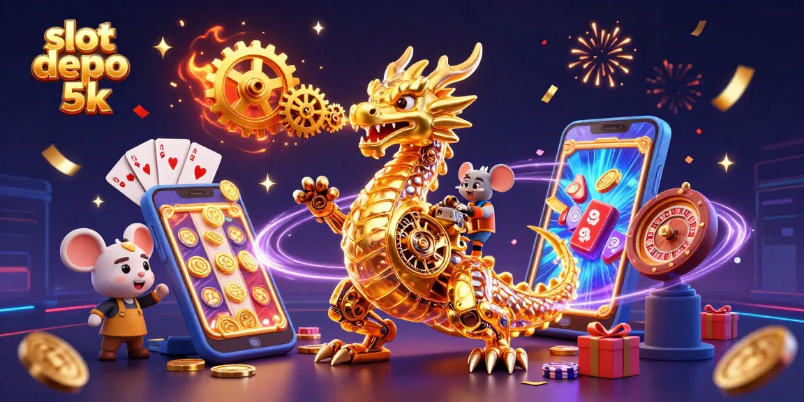 Experience excitement with slot depo 5k as the golden dragon breathes gears amidst slot game elements.