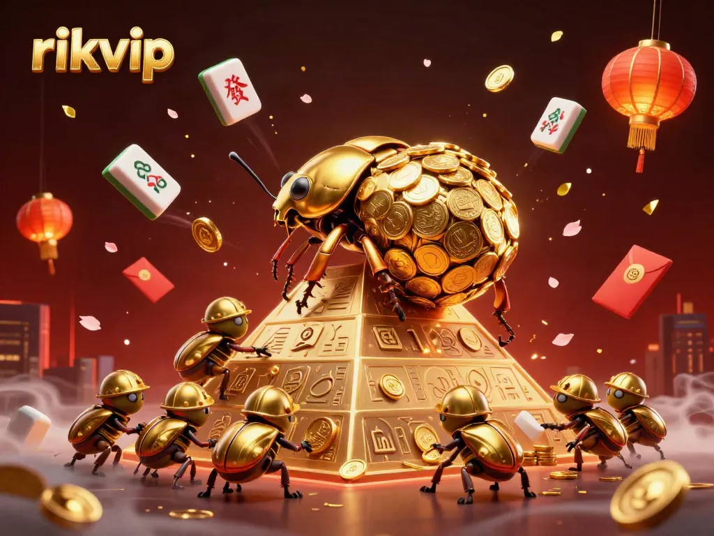 Engage with rikvip's vibrant online casino universe featuring golden coins, beetles, and exciting game elements.