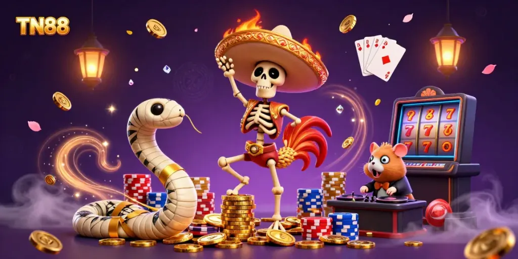 Celebrate wins with the TN88 casino scene featuring a mariachi rooster, gold coins, and vibrant poker chips.