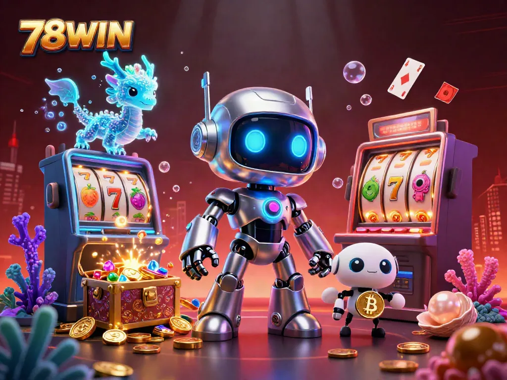 Engage with 78WIN in this vibrant scene featuring a cyberpunk robot, AI dragon, and bitcoin drone amidst dazzling casino elements.