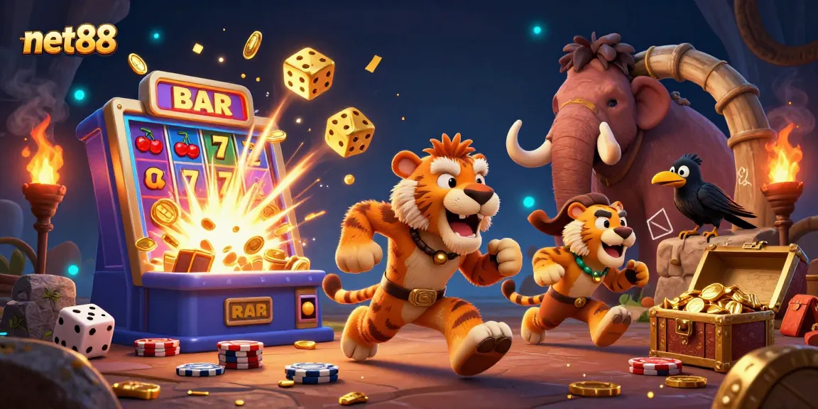 Experience excitement with net88 at a prehistoric casino, featuring cartoon characters and dynamic gaming elements.