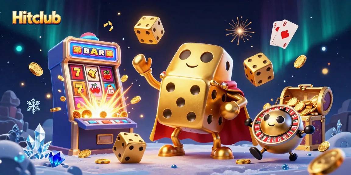Hitclub: Experience the thrill of gambling with a golden dice golem, jackpot explosions, and vibrant casino elements.