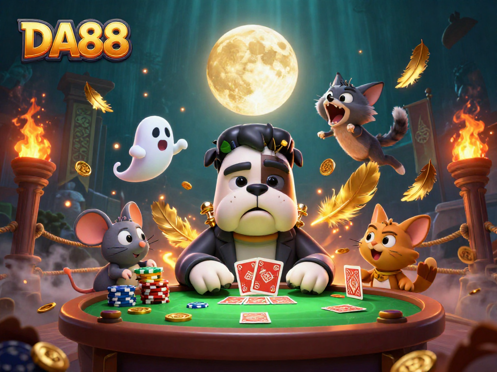 DA88 showcases a lively card game scene with a Frankenstein bulldog, ghost mouse, and werewolf kitten.