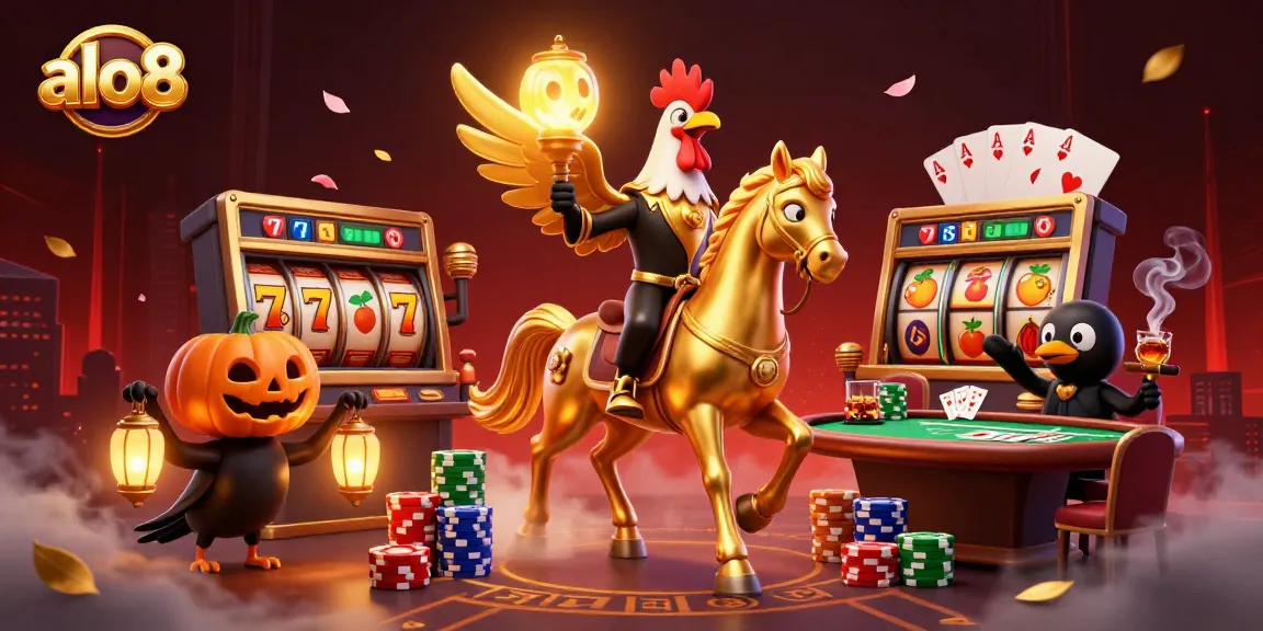 Experience the excitement at alo8 with a golden rooster and spectral horse in a vibrant casino.